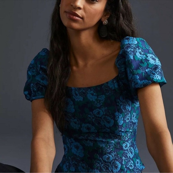 Anthropologie Puff Sleeve Jaquard Top 4 Square Neck Cropped Blue/Green NEW! - Picture 1 of 10